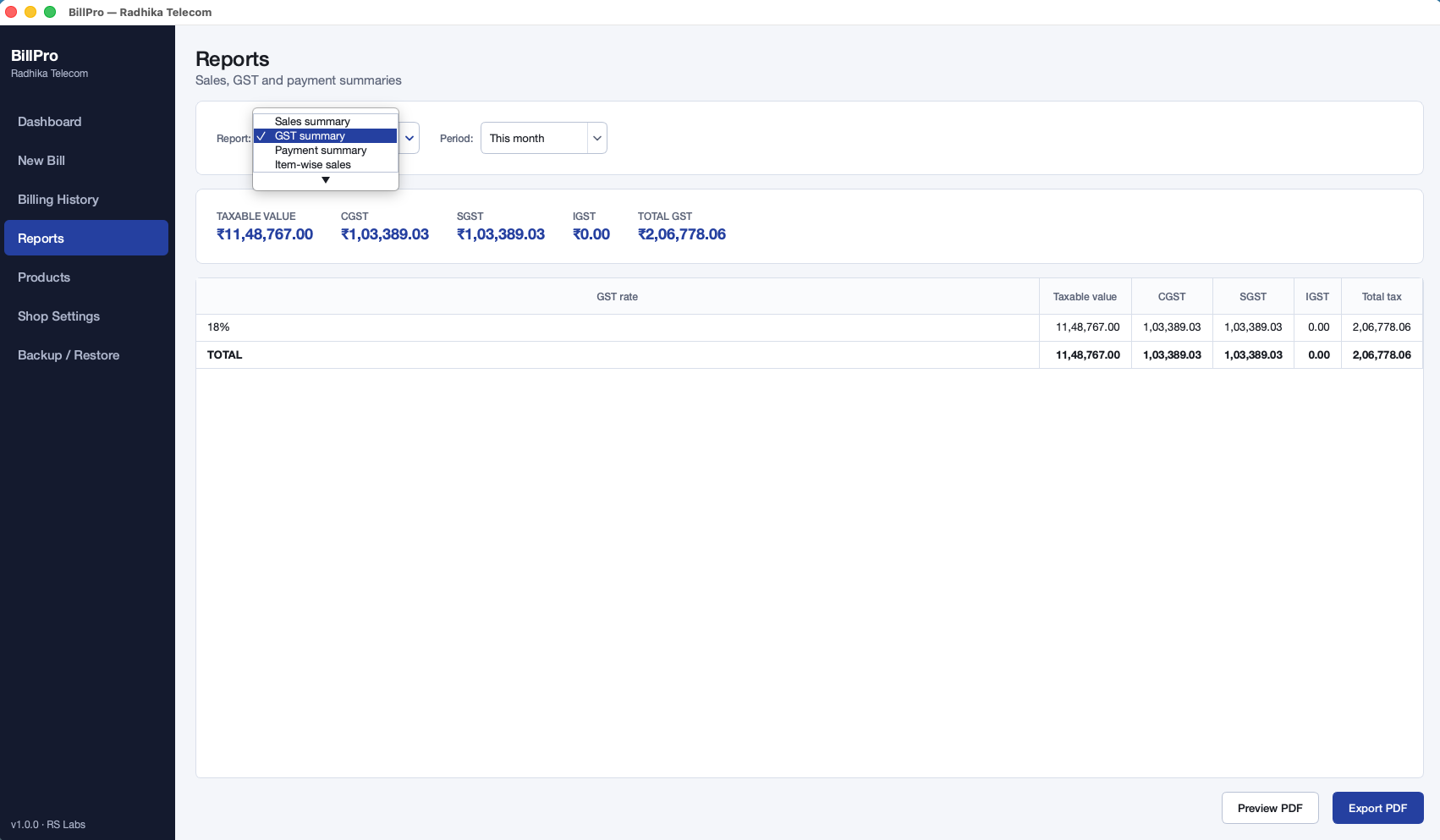 BillPro sales summary report