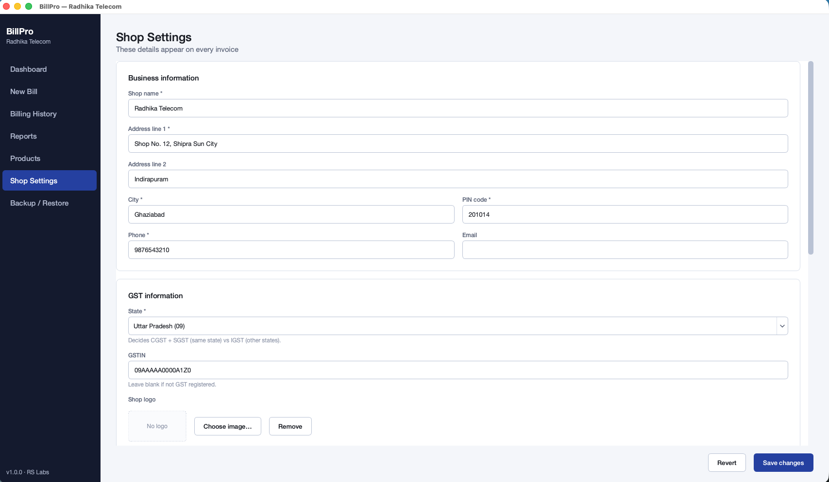BillPro shop and GST settings