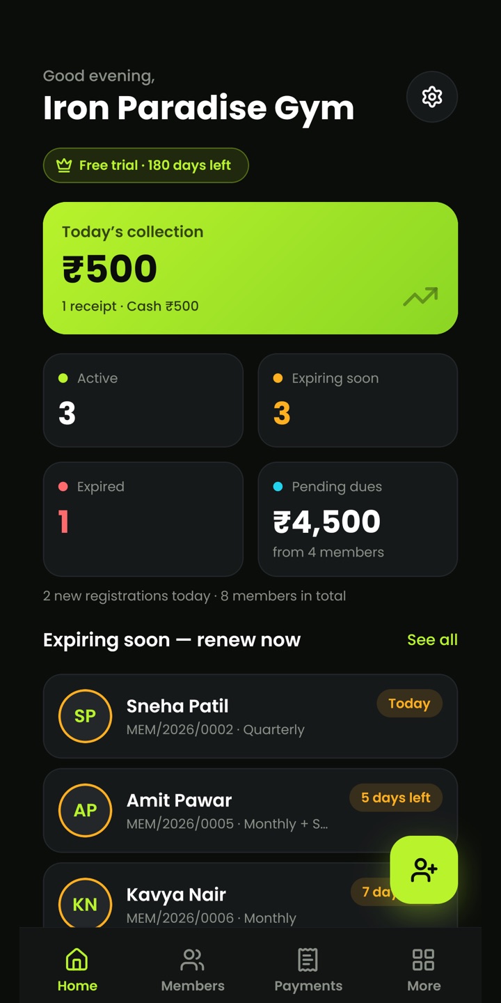GymDesk Android app — gym front desk dashboard