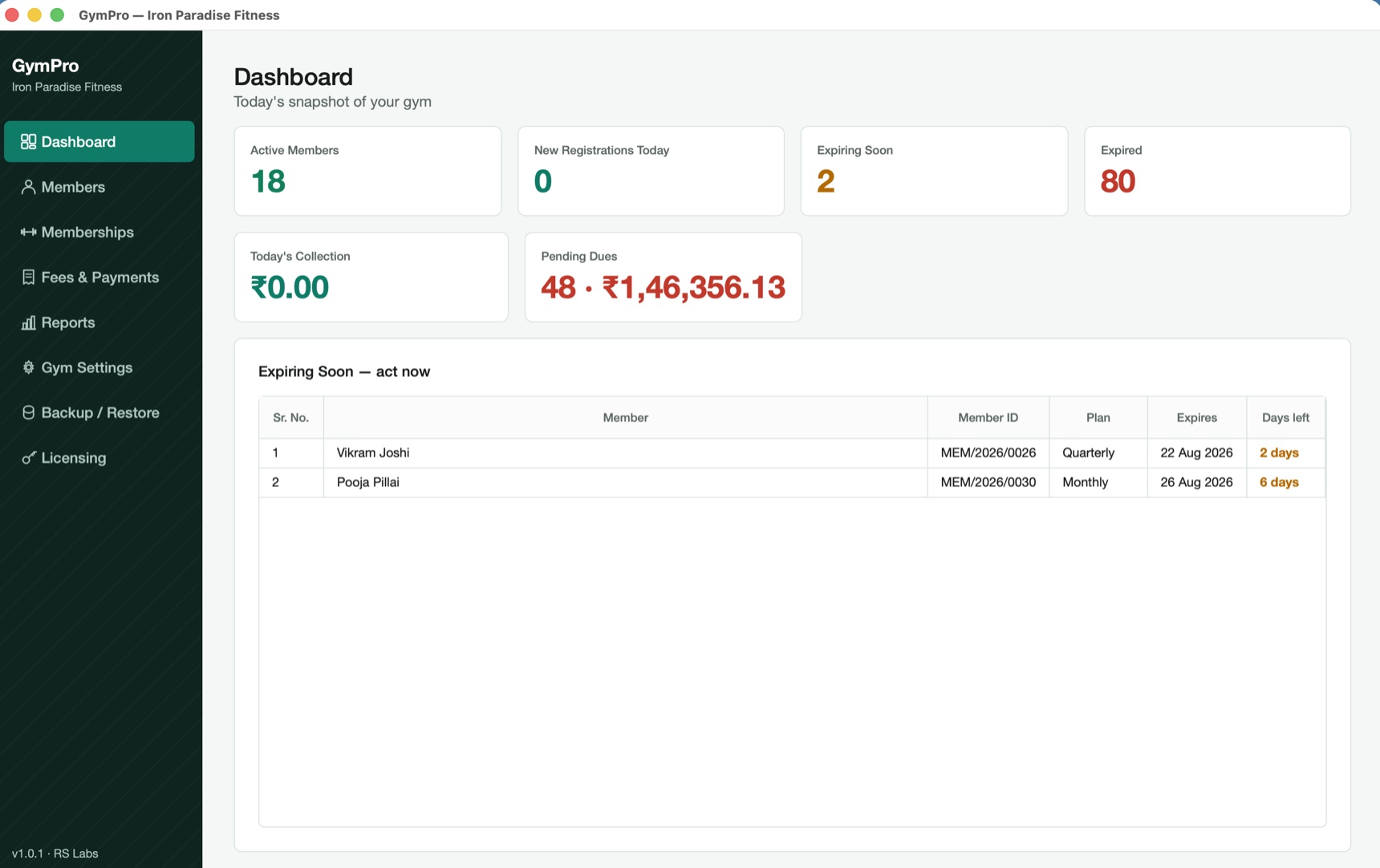 GymPro — gym management software for Windows, dashboard