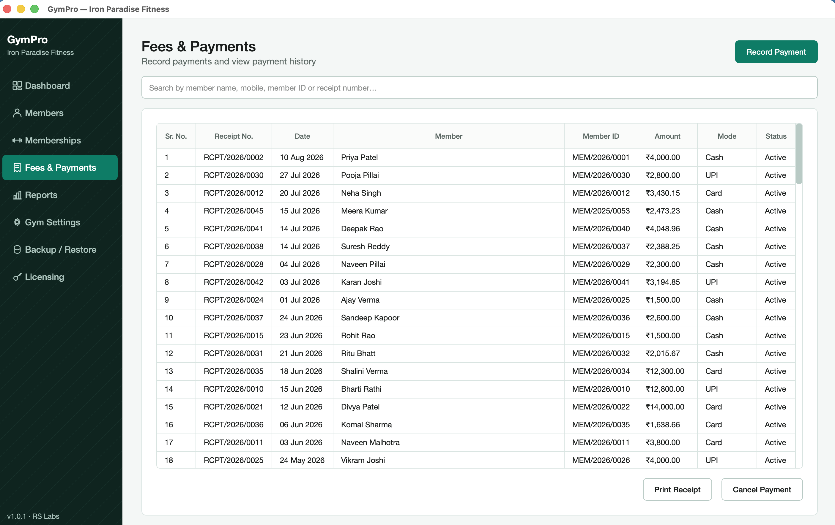GymPro fees and payments history with receipts