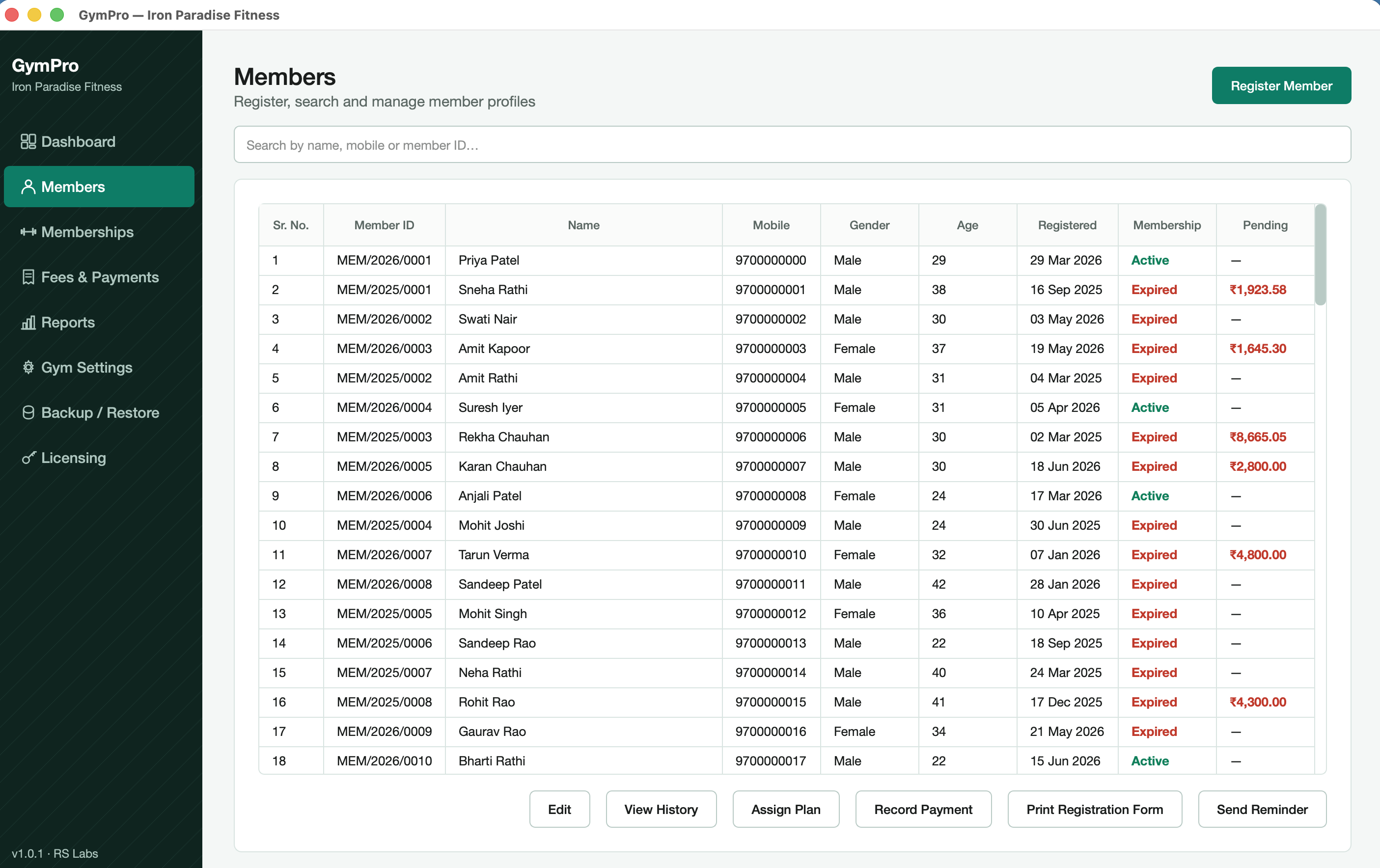GymPro members list with search and membership status