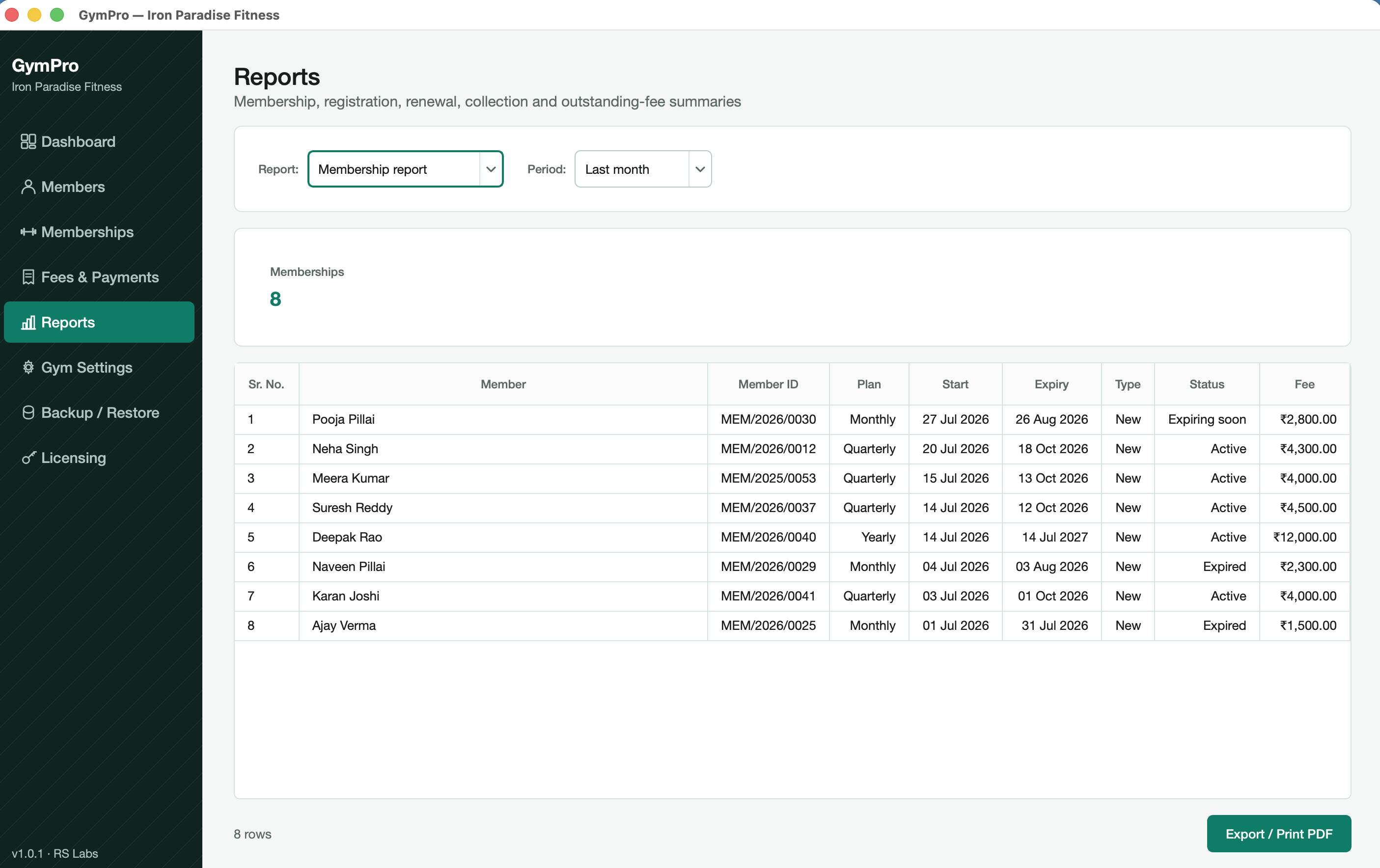 GymPro membership report with export to PDF